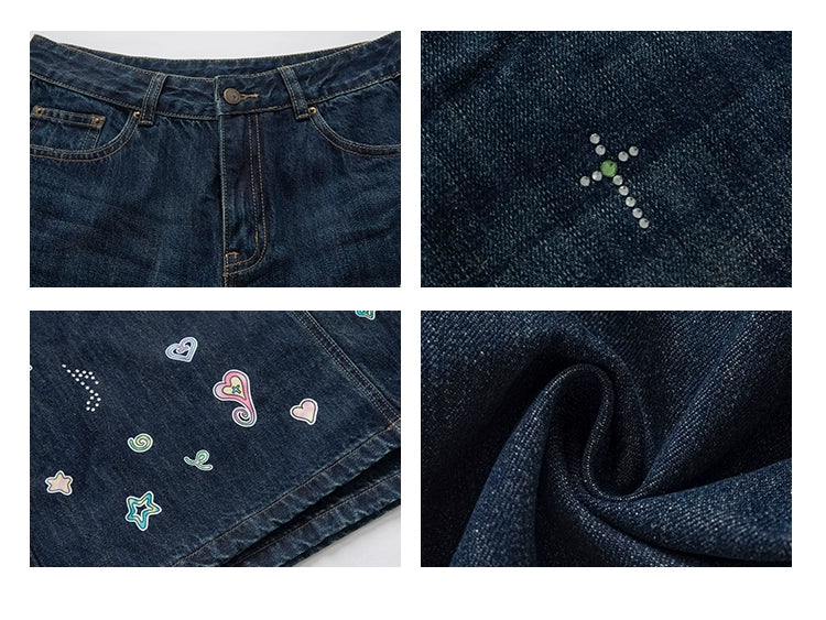 UNIFREE Straight Childlike Hot Diamond Printing Mopping Jeans