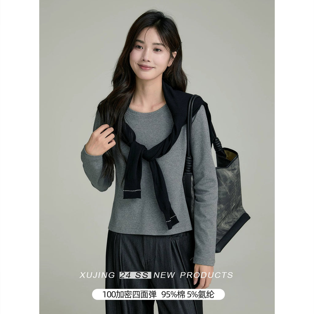 XUJING Simple V-neck Slim and Thin Tee
