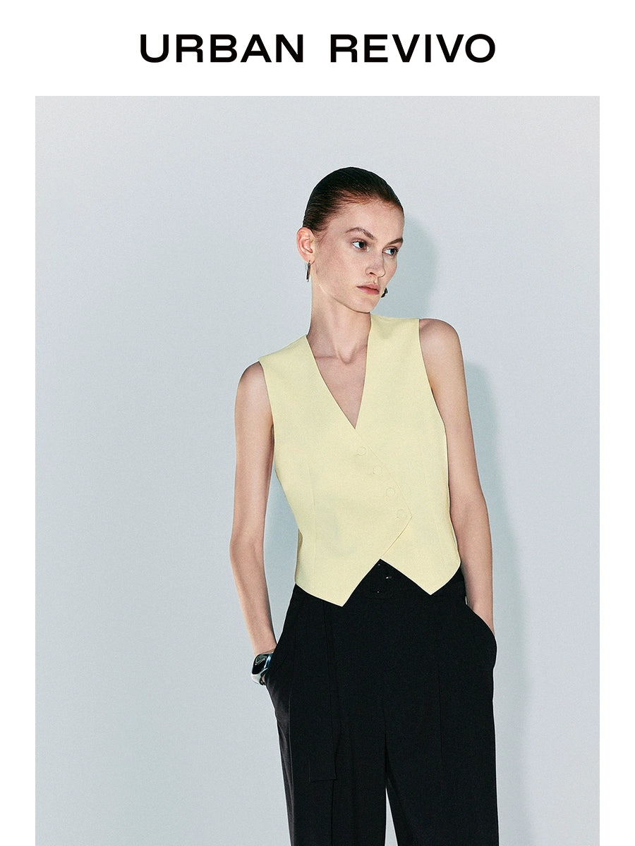 URBAN REVIVO Temperament Commuter Oblique Placket V-neck Vest