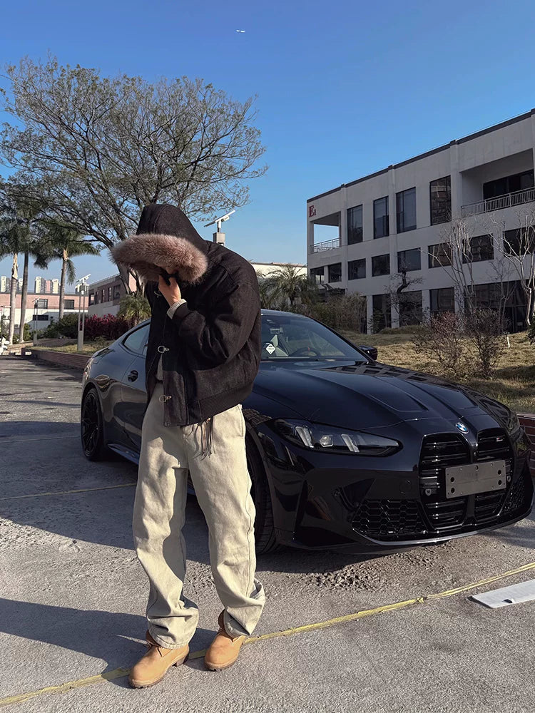 ZOZOFOREST Heavy Detachable Fur Collar Plush Seat Mountain Carving Jacket