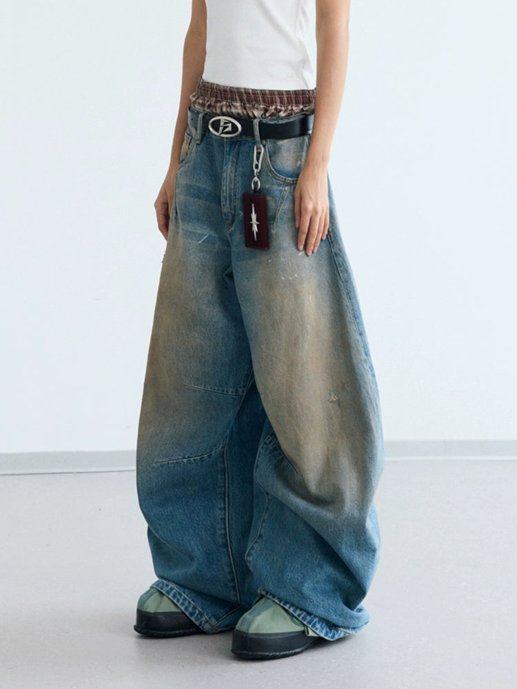 PEOPLESENSE Yellow Mud Dyed Dirty Scimitar Washed Wide Leg Jeans