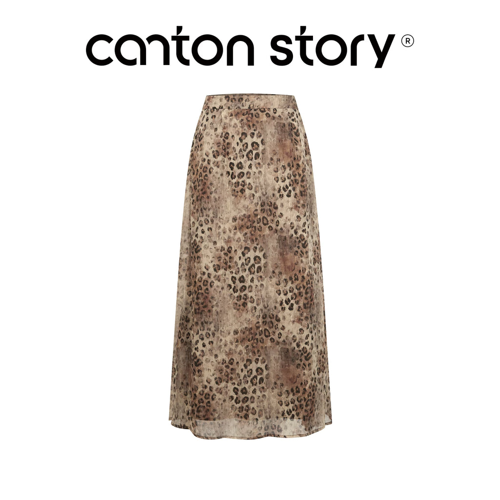 Cantonstory Vintage Slim Tee Leopard Print High Waist Skirt Set