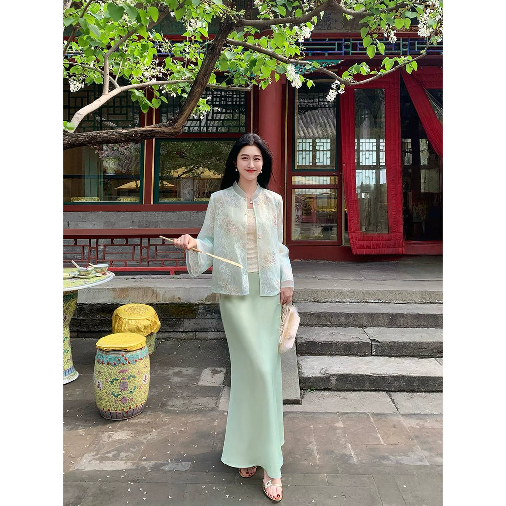 ZIHE Lace Embroidered Top Satin Skirt Set