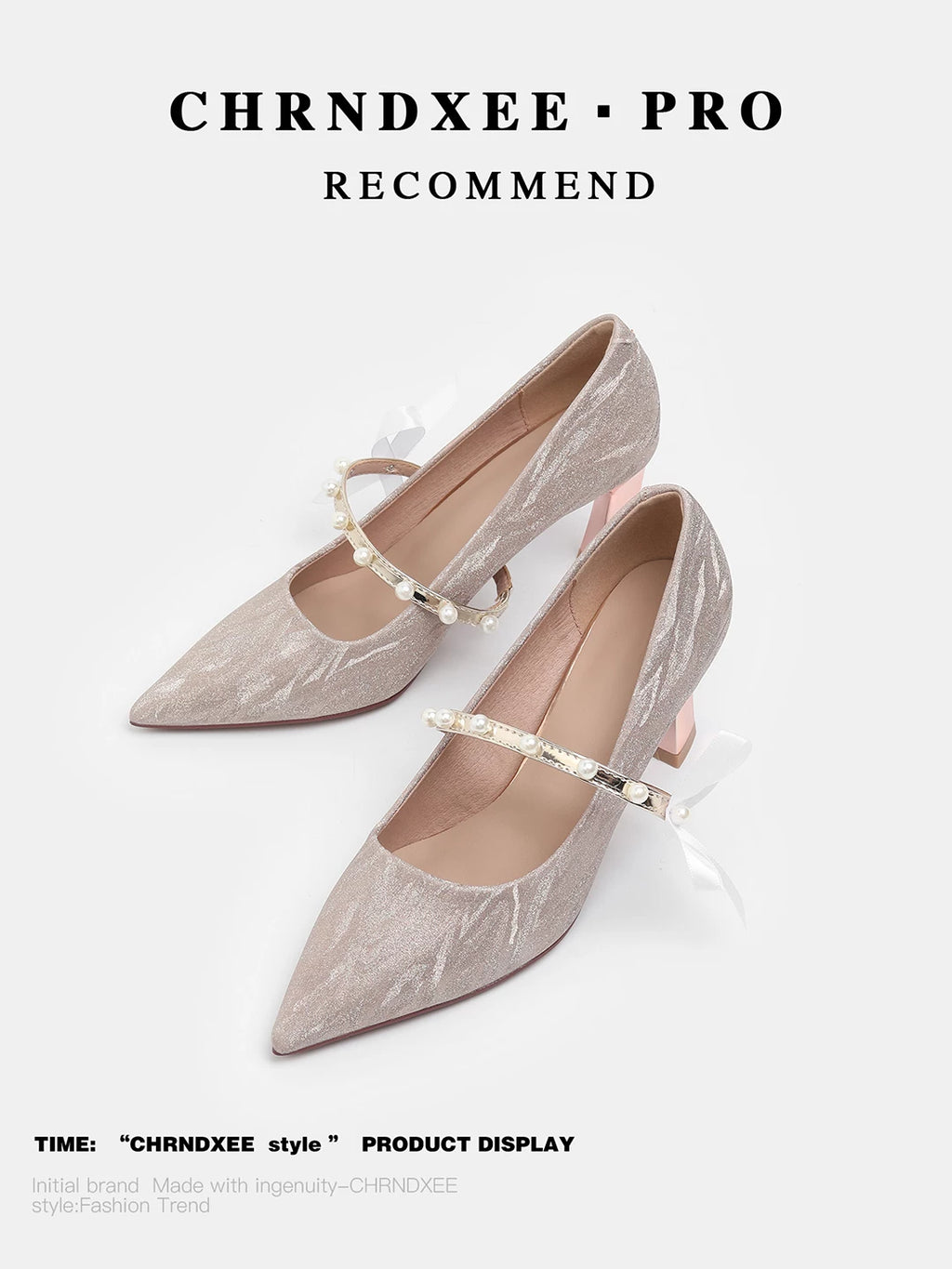 CHRNDXEE Bow Pearl One-word Strap High Heels