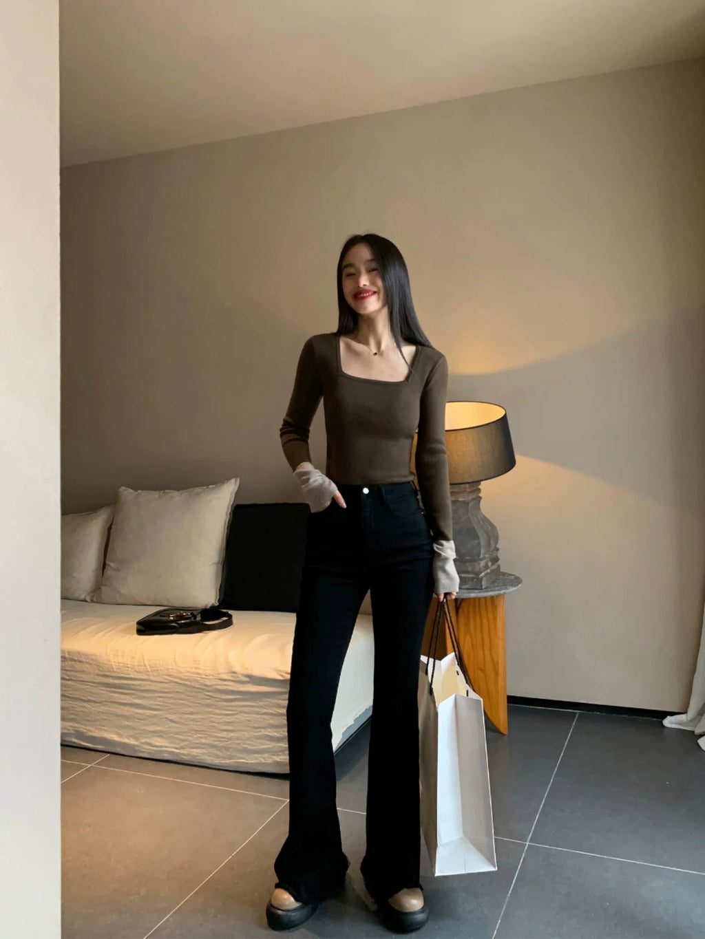 Pusumede Contrasting Color Slim-fitting Long-sleeved Knitted Sweater
