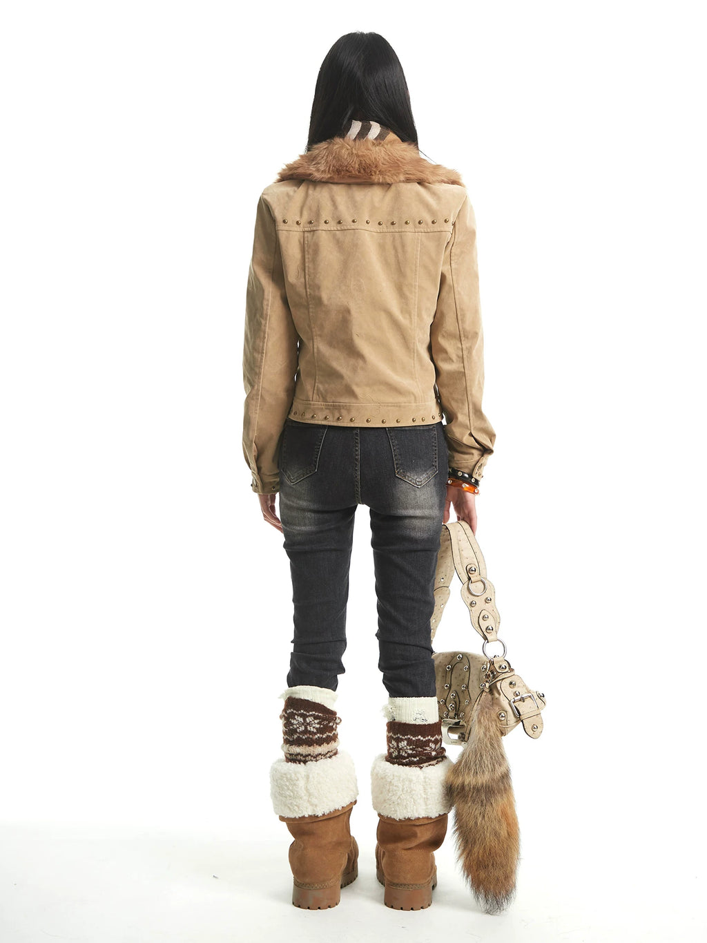UNCMHISEX Suede Fleece Rivet Plush Lapel Padded Jacket