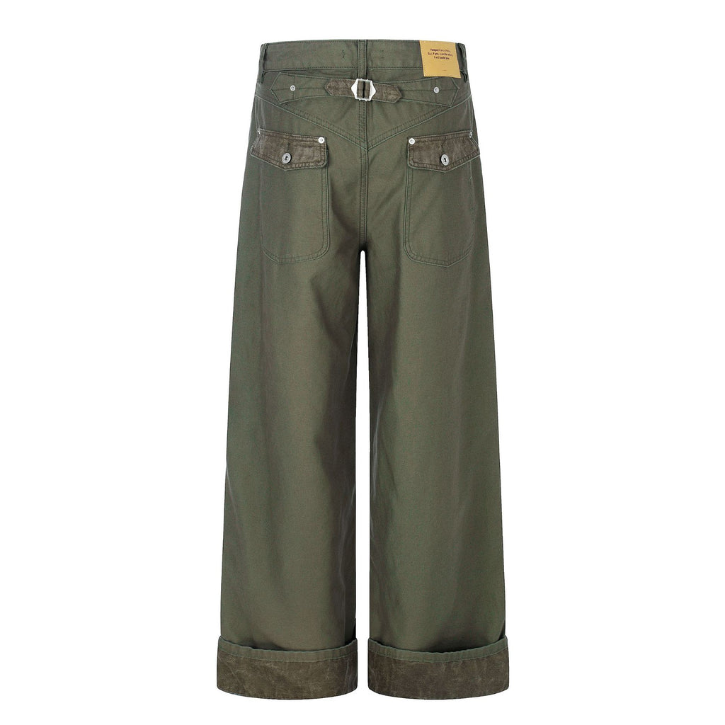11KN Vintage Spliced Pocket Loose Wide Leg Casual Pants