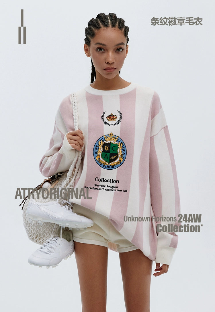 ATRY Striped Badge Vintage Loose Sweater