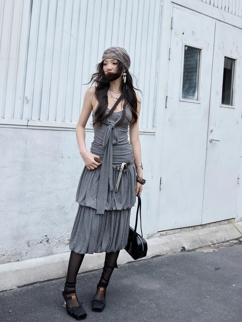 JNYLON Vintage Pleated Versatile Knit Camisole Midi Skirt Set