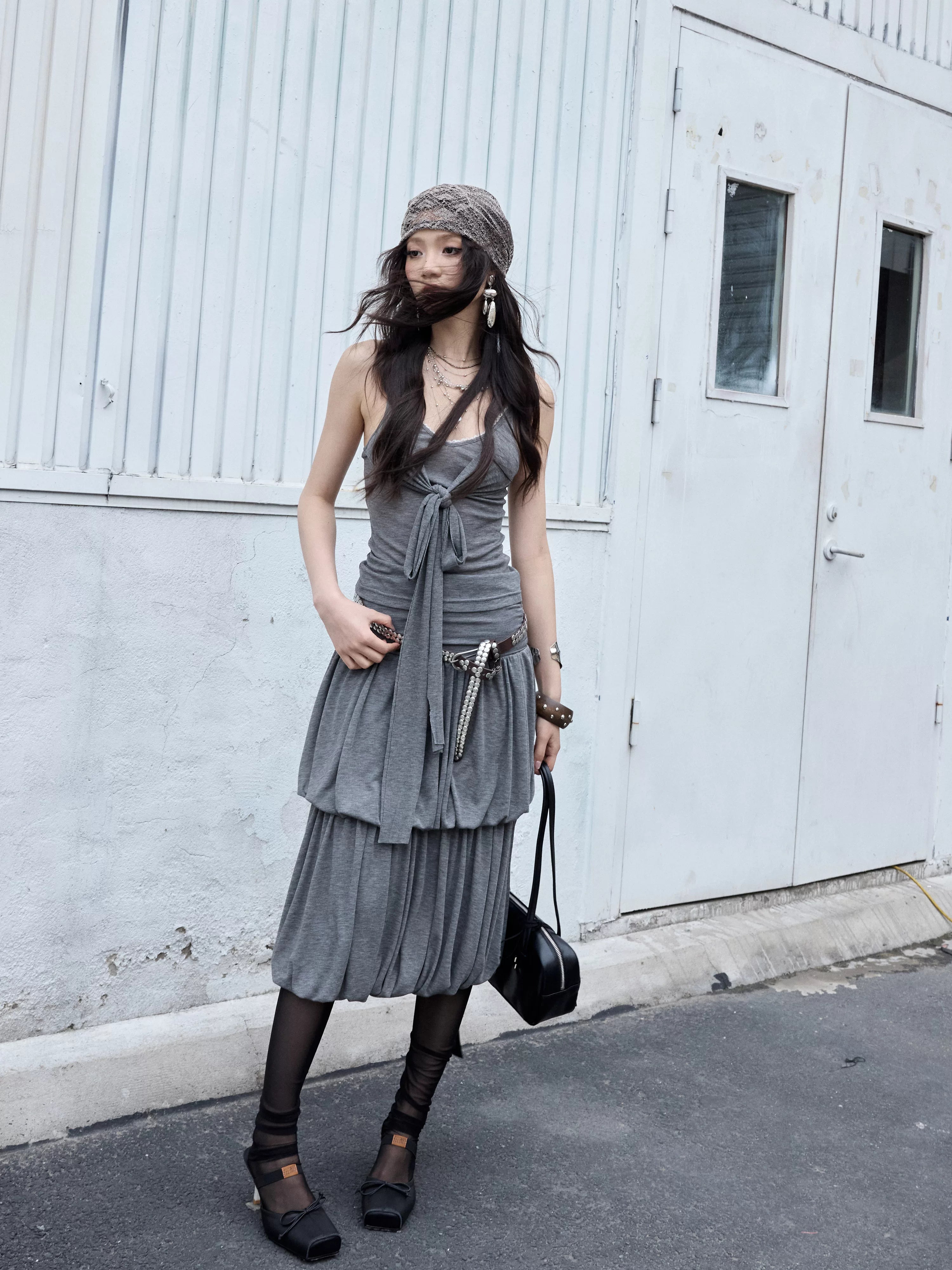 JNYLON Vintage Pleated Versatile Knit Camisole Midi Skirt Set