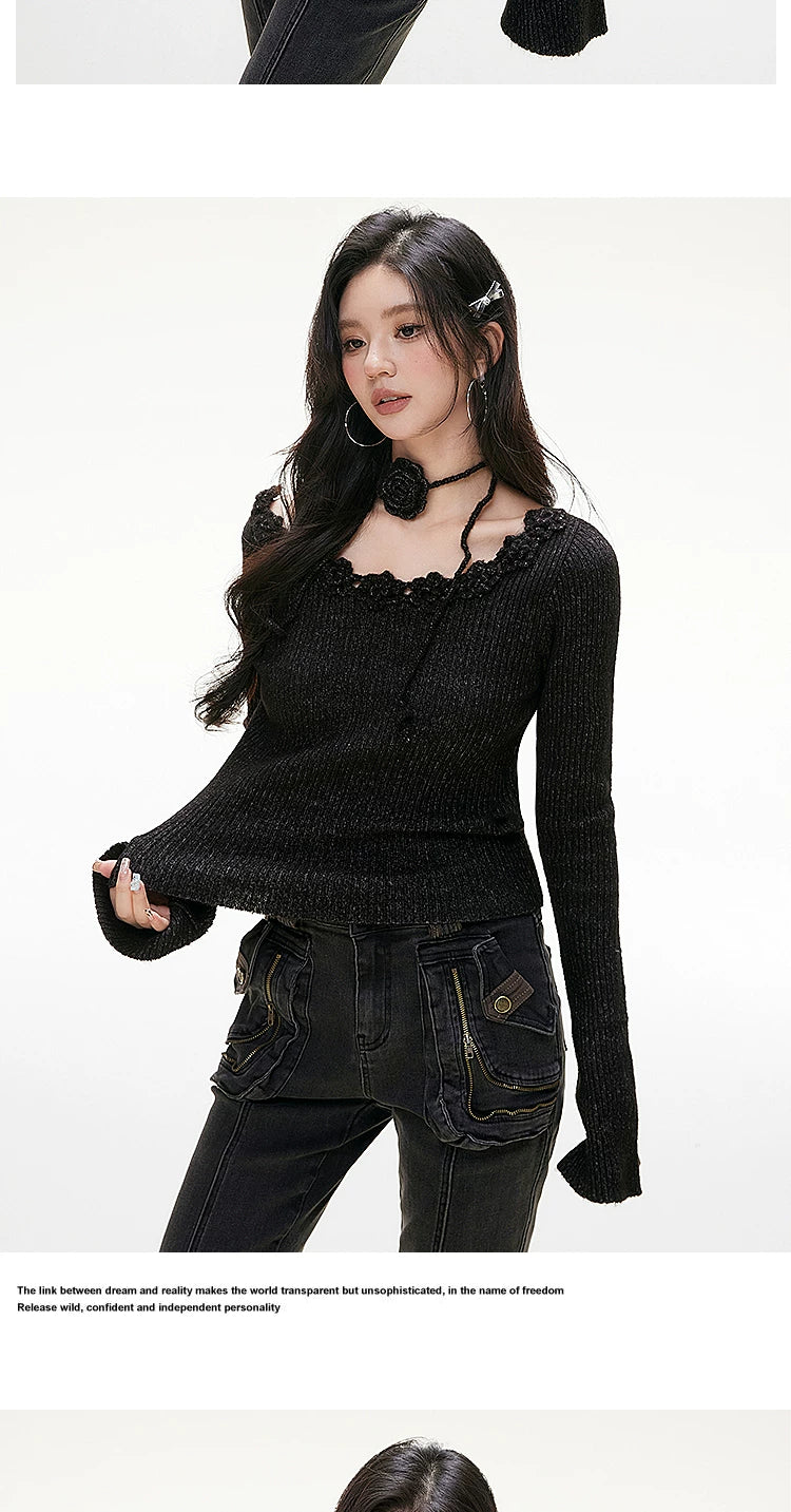 Imone U Neckline Three-dimensional Rose Decorative Long Sleeve
