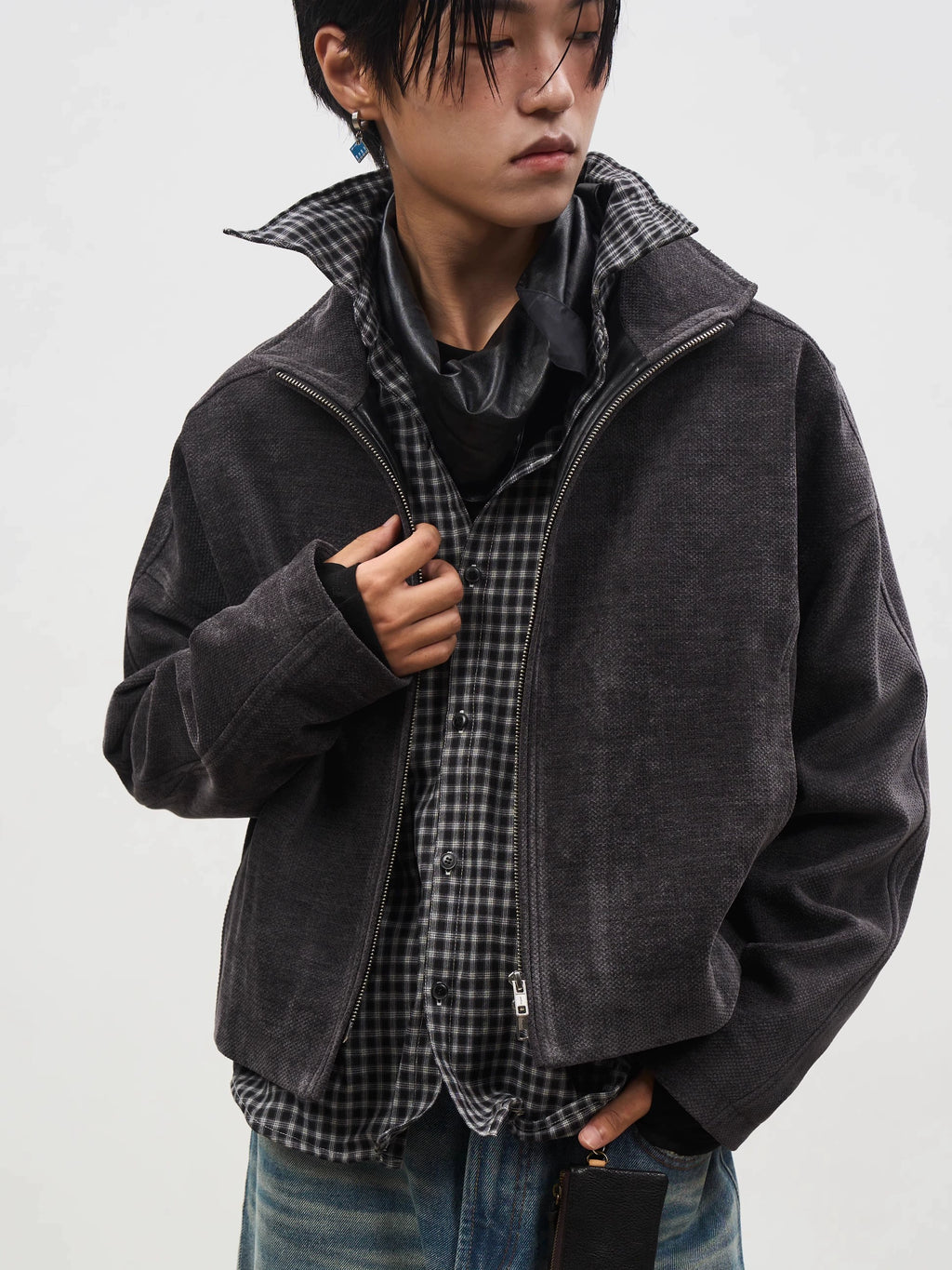 SOUTHFISH Stand-up Collar Retro Micro-gloss Short Jacket