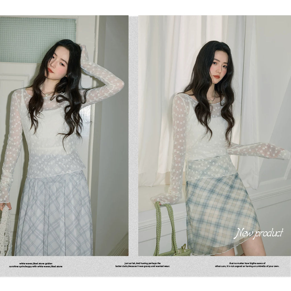 XUJING Lace Floral Slim Long Sleeves