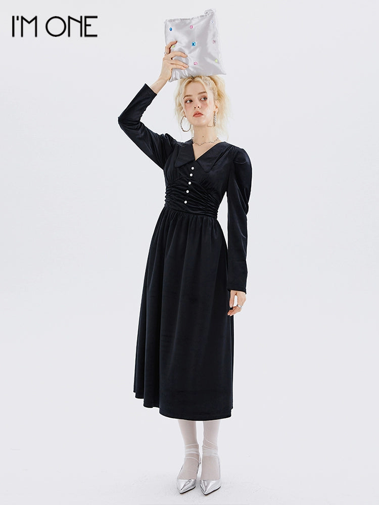 IMONE Vintage Velvet V-Neck Waist Long Sleeve Dress