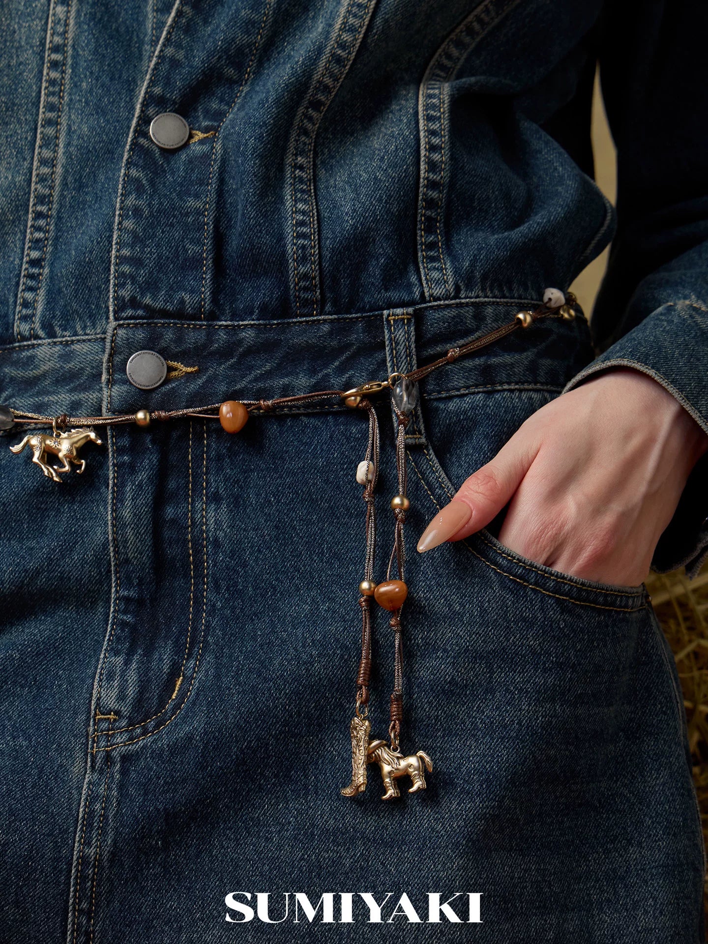 SUMIYAKI Vintage Western Denim Pony Braided Waist Chain