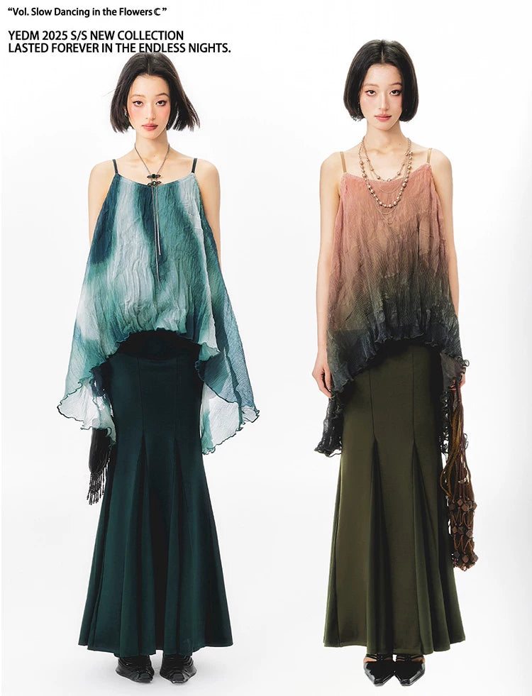 YEDM Tie-dye Gradual Change Suspender Fishtail Skirt Set