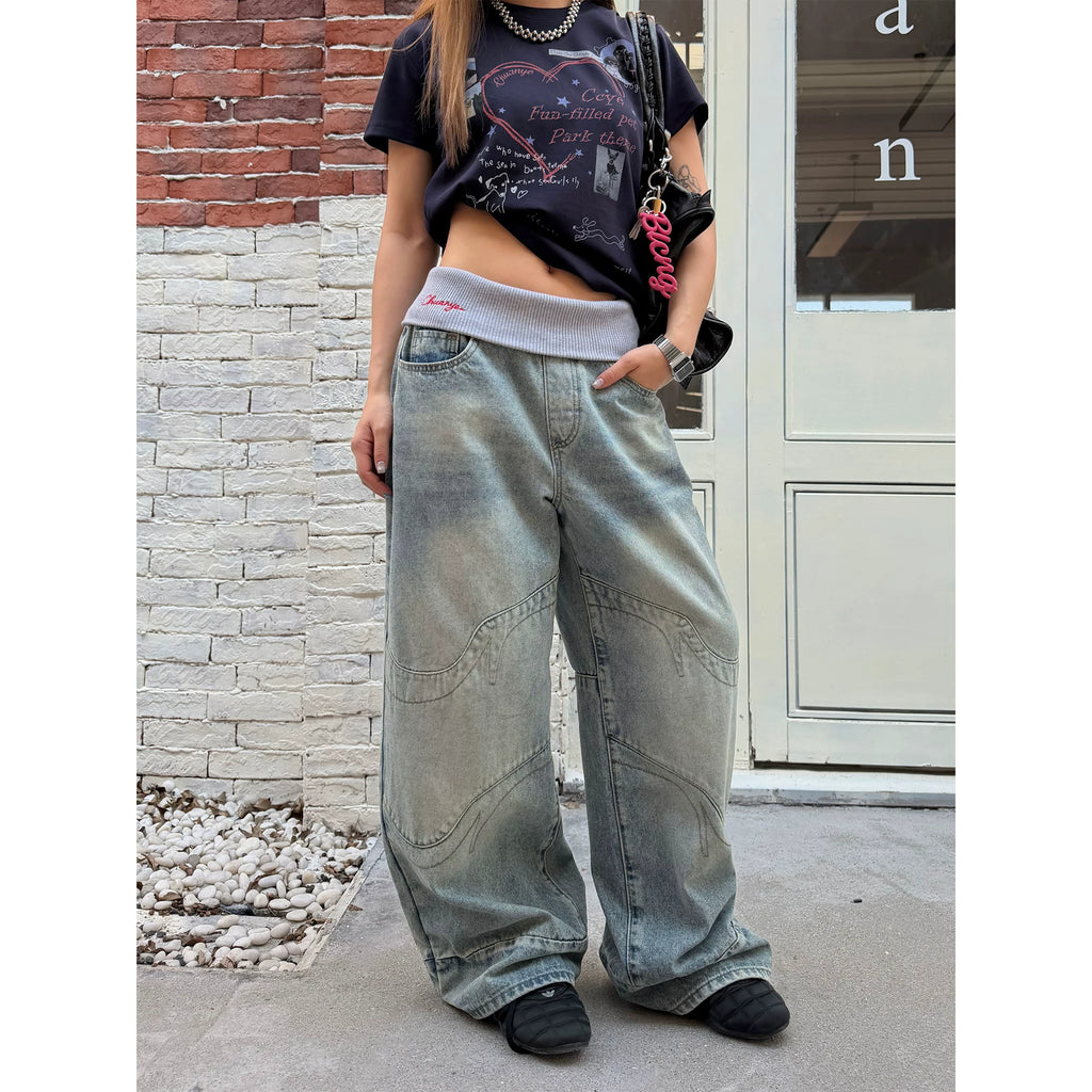 CCYE Fake Two-piece Spliced Waist Wide-leg Jeans