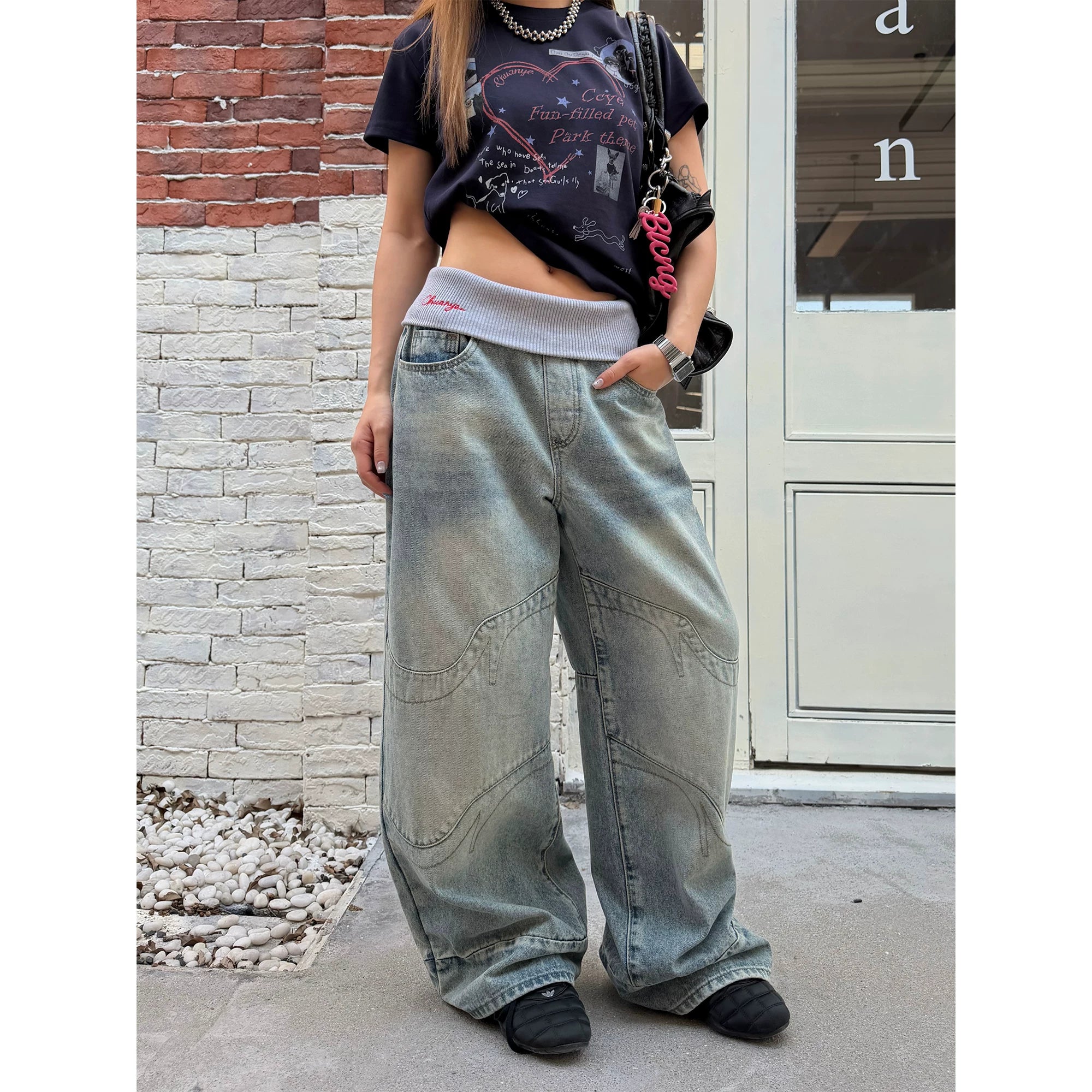 CCYE Fake Two-piece Spliced Waist Wide-leg Jeans