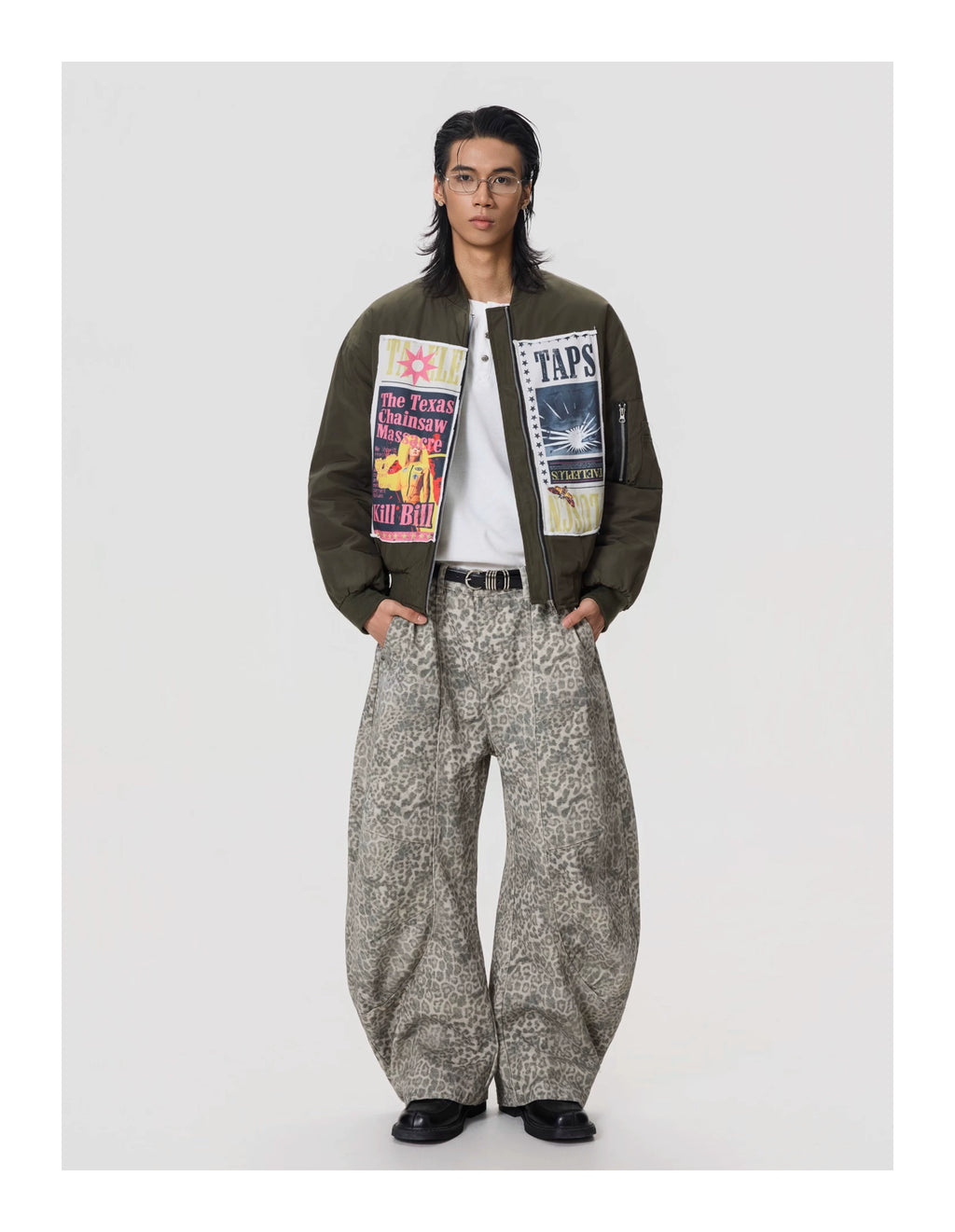 BTSG Vintage Pleated Leopard Wide-leg Jeans