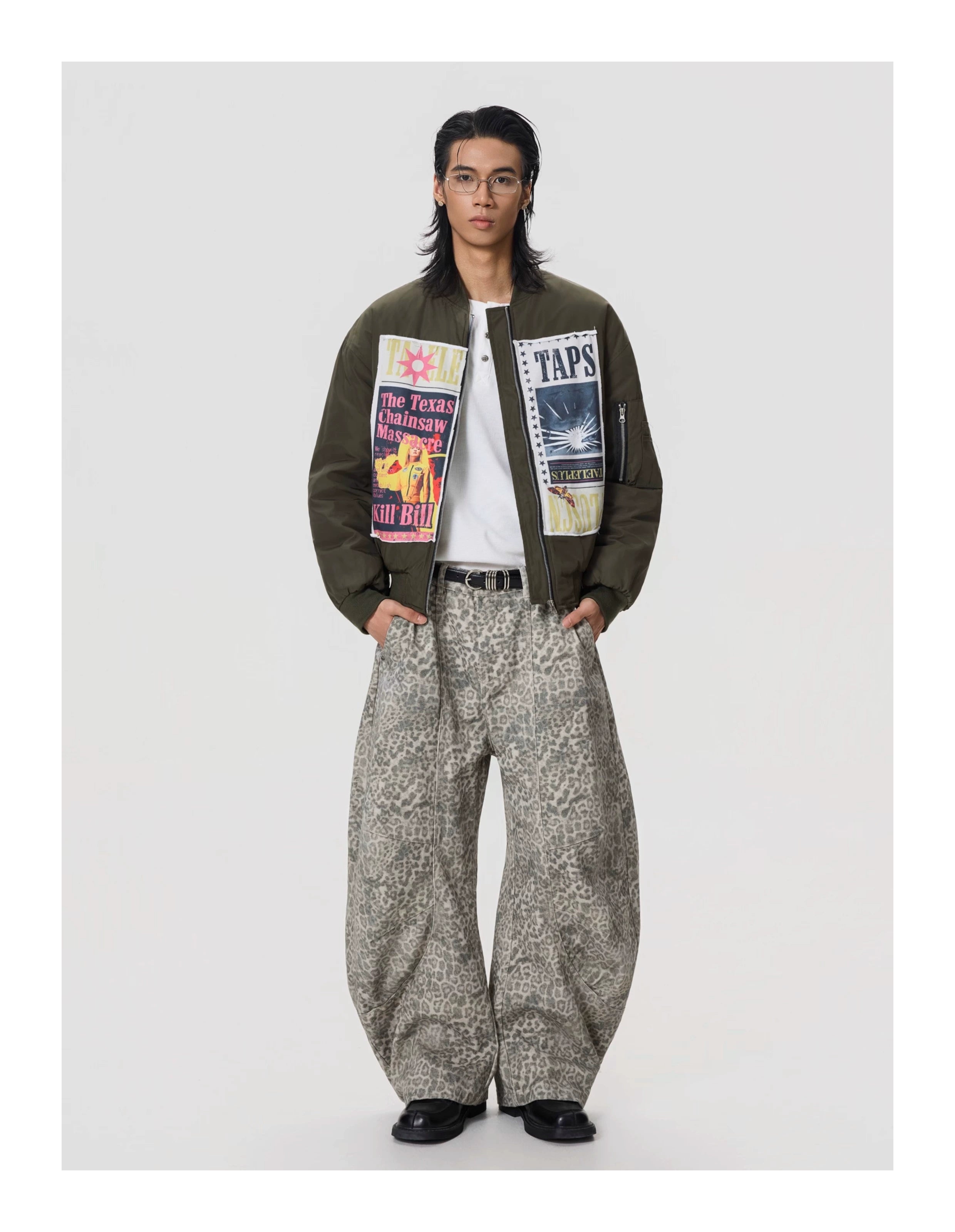 BTSG Vintage Pleated Leopard Wide-leg Jeans