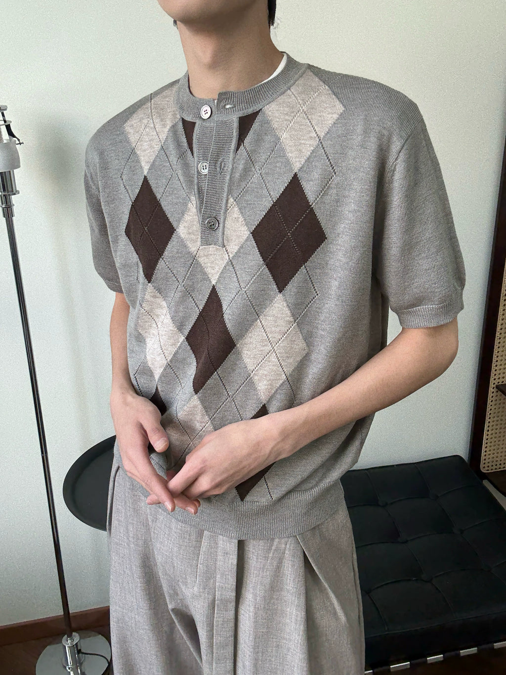 TAICHIISM Rhombus Knitted Splicing Plaid POLO Knitted Tee