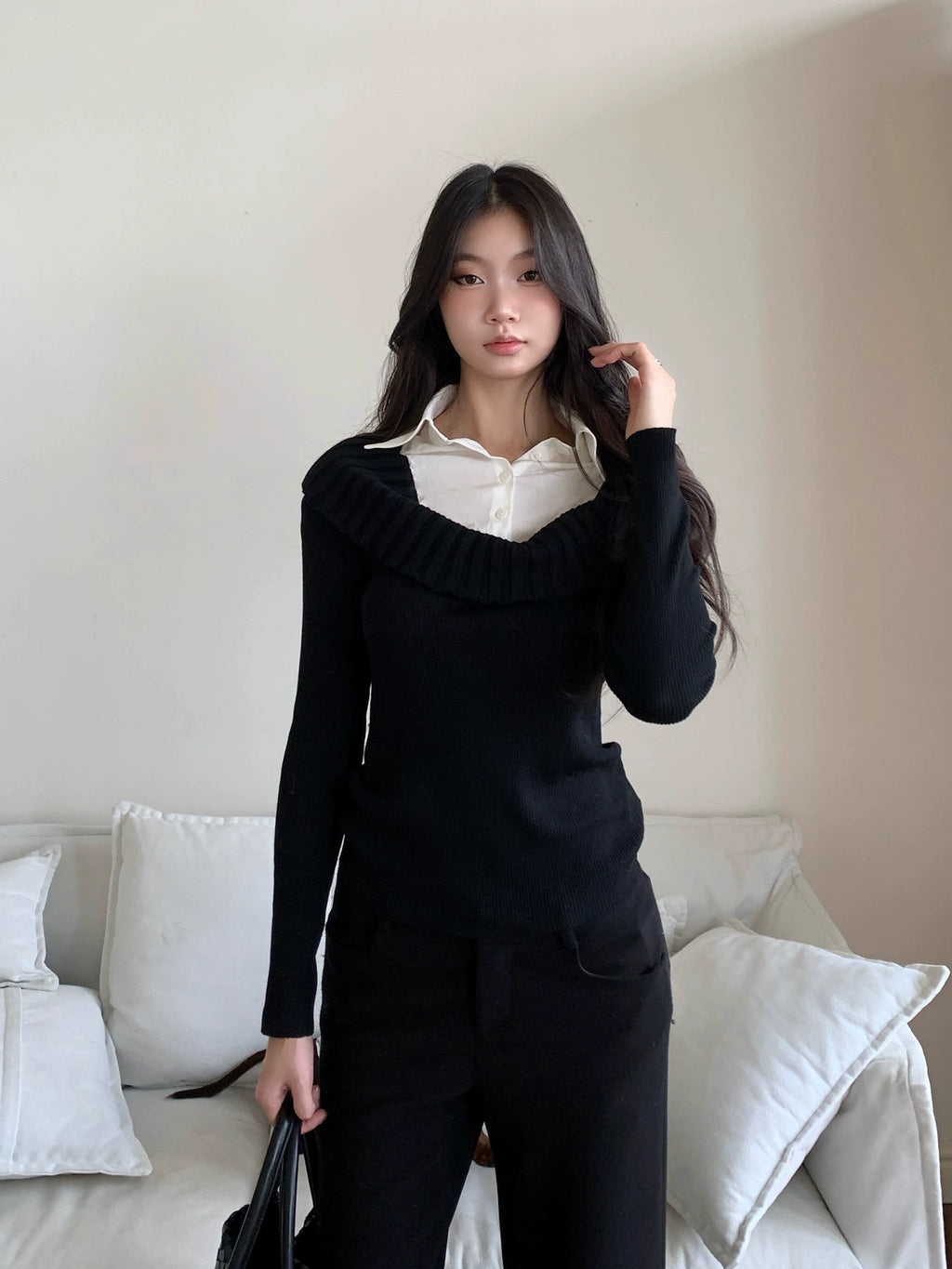 WITHMIN Slim and Thin Versatile Fake Two-piece Knitted Sweater