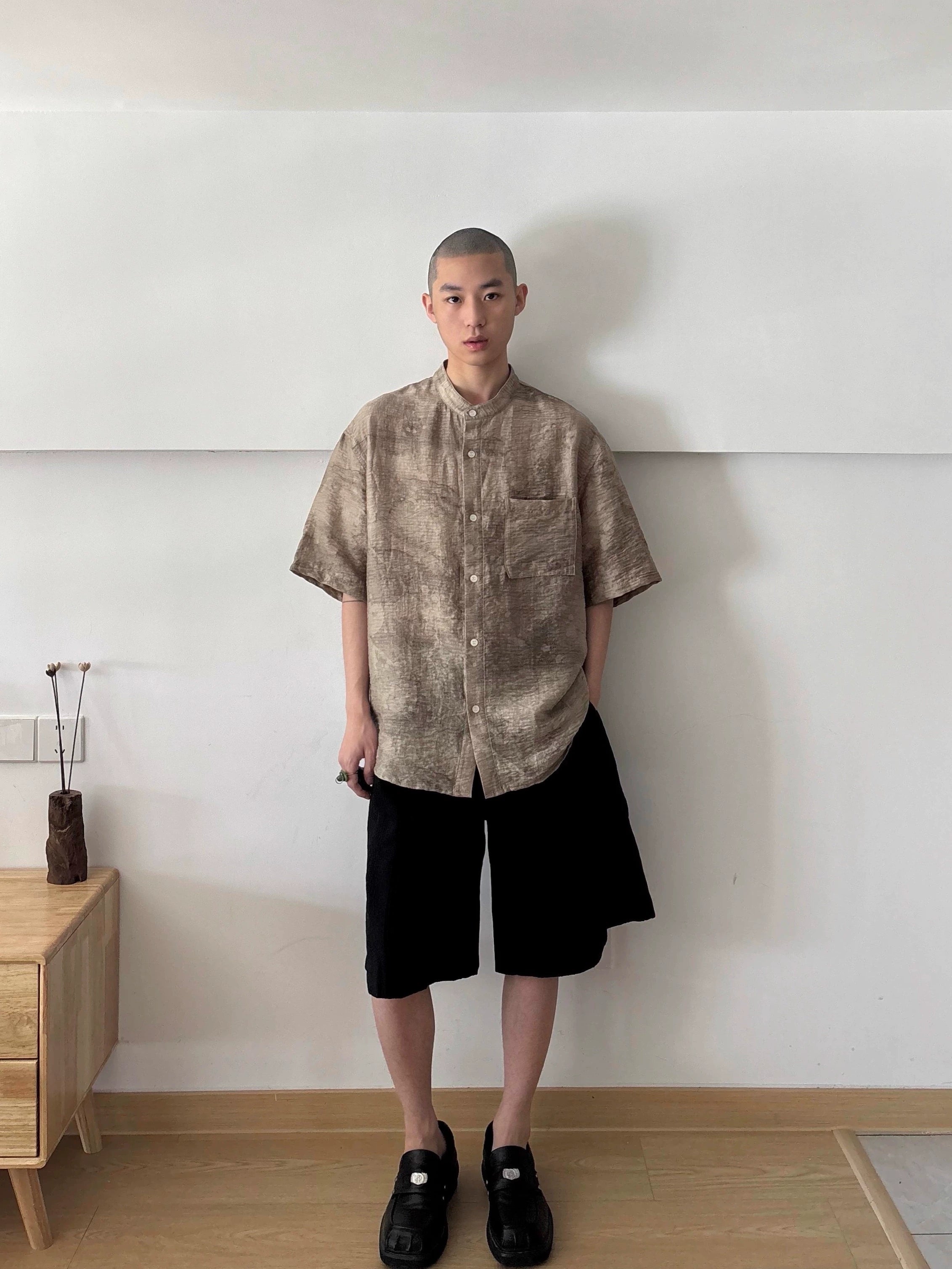 Imdelusion Tencel Retro Printing Tie-dye Gradual Change Pleated Stand-up Collar Shirt