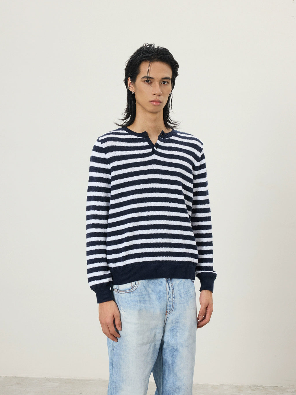 BTSG Lazy Wind Slack Striped Henry Neck Long Sleeve Knitted Sweater