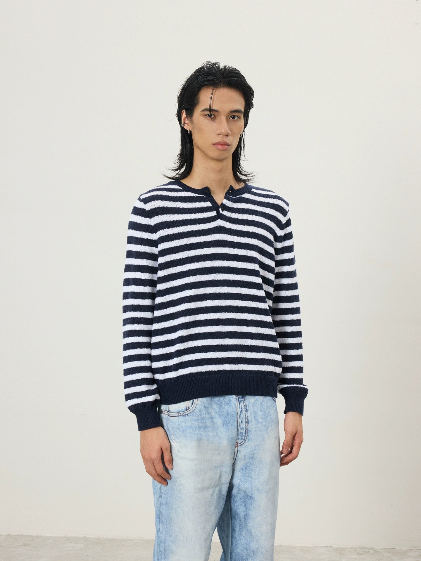 BTSG Lazy Wind Slack Striped Henry Neck Long Sleeve Knitted Sweater