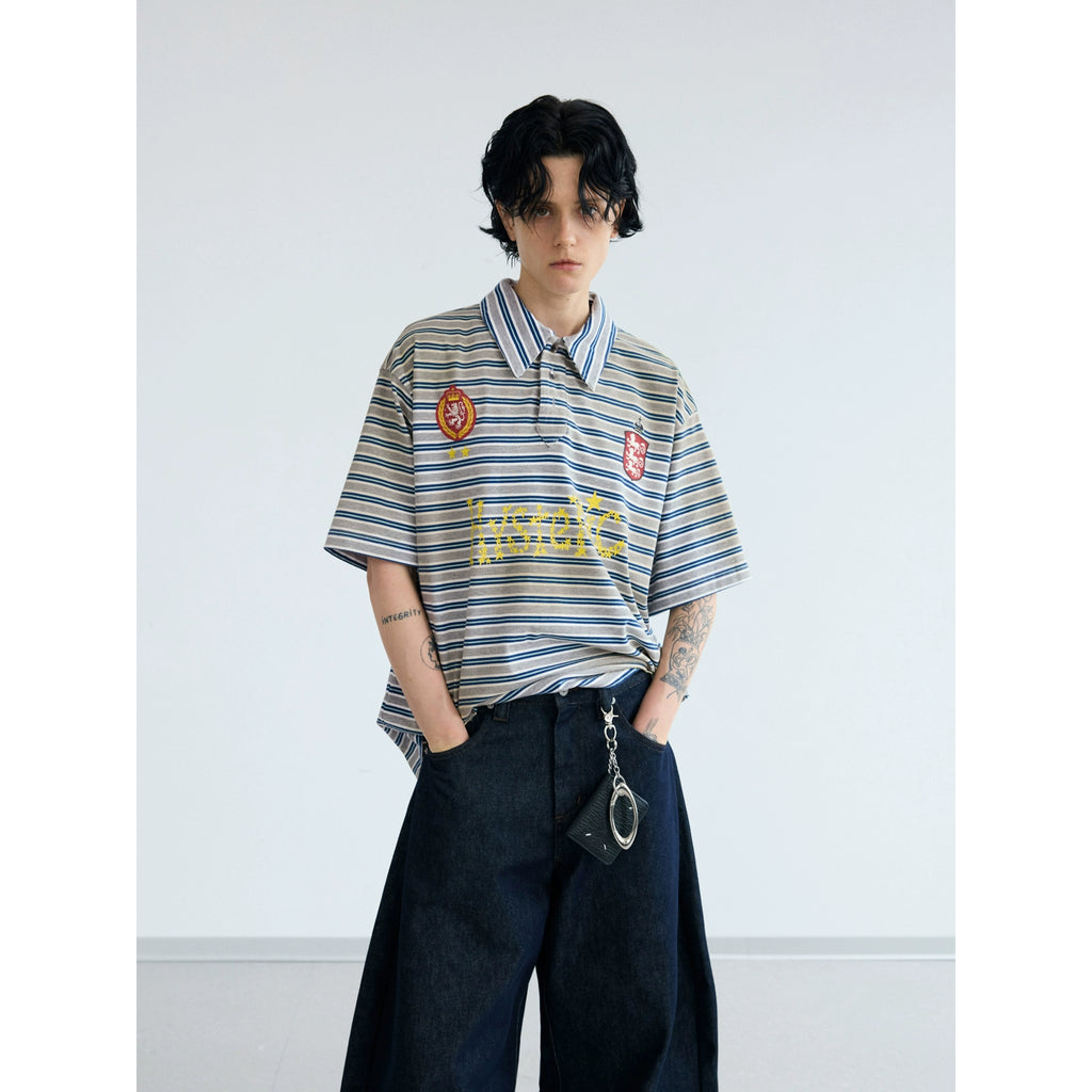 PEOPLESENSE Stripe Spray Dirty Old Resin Buckle POLO Collar Tee