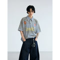 PEOPLESENSE Stripe Spray Dirty Old Resin Buckle POLO Collar Tee