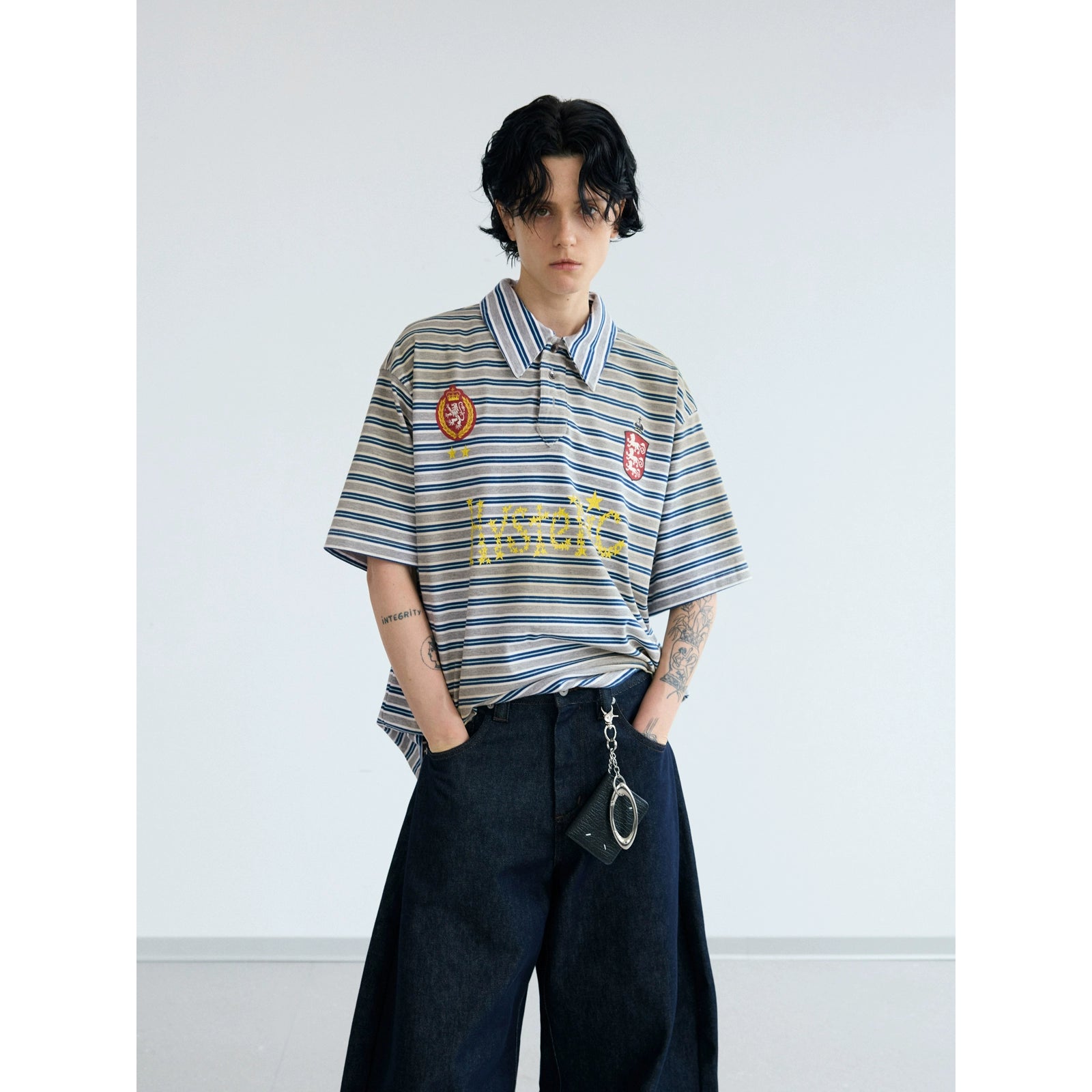 PEOPLESENSE Stripe Spray Dirty Old Resin Buckle POLO Collar Tee