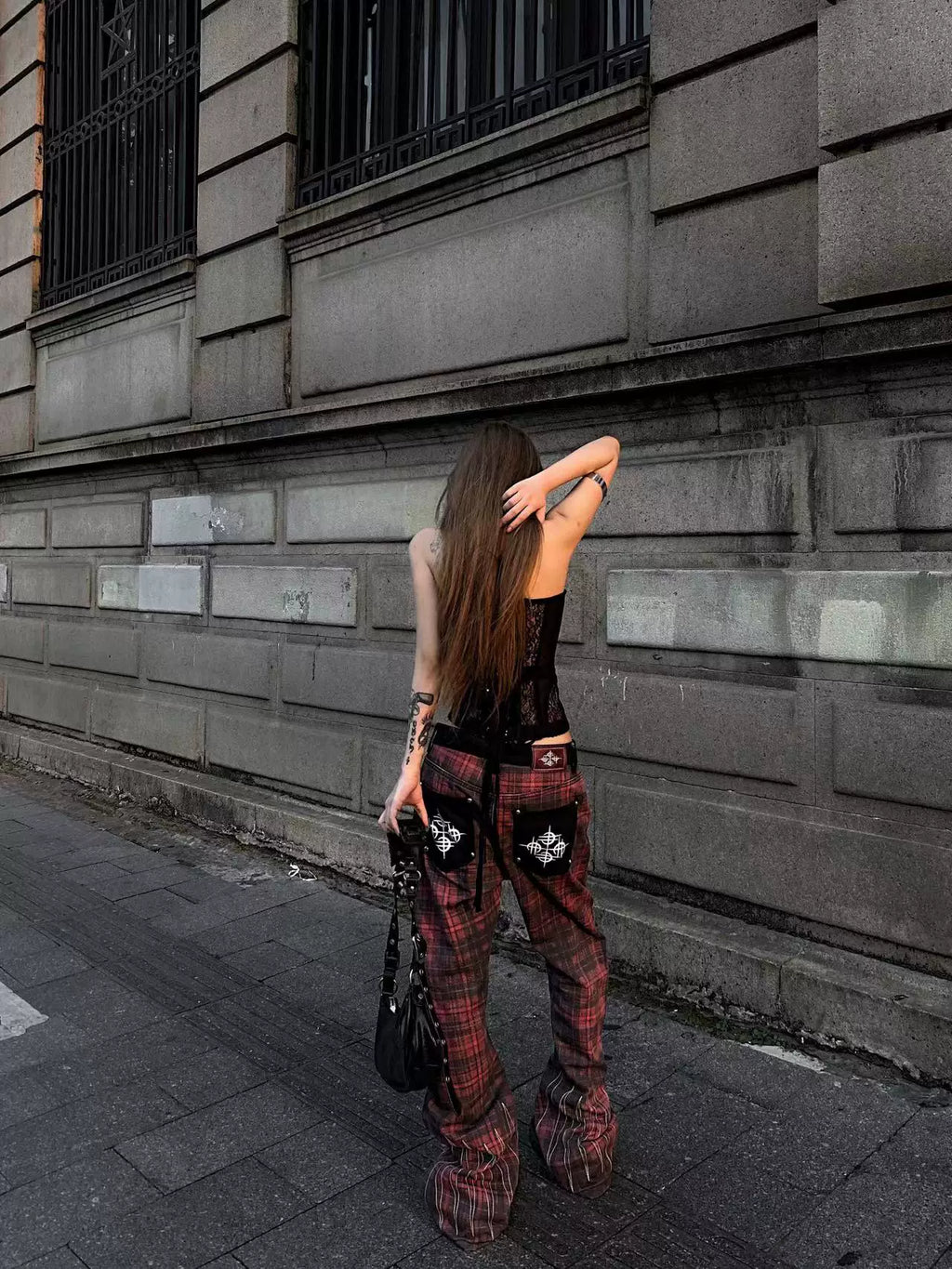 DETW Red Plaid Embroidered Scimitar Jeans