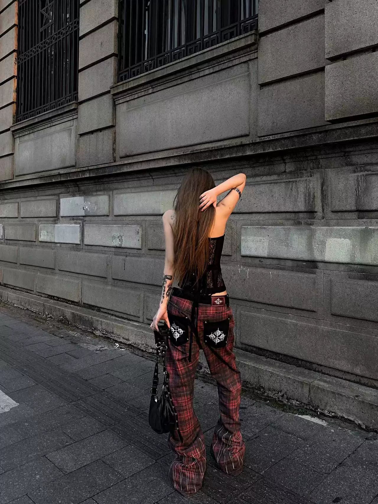 DETW Red Plaid Embroidered Scimitar Jeans