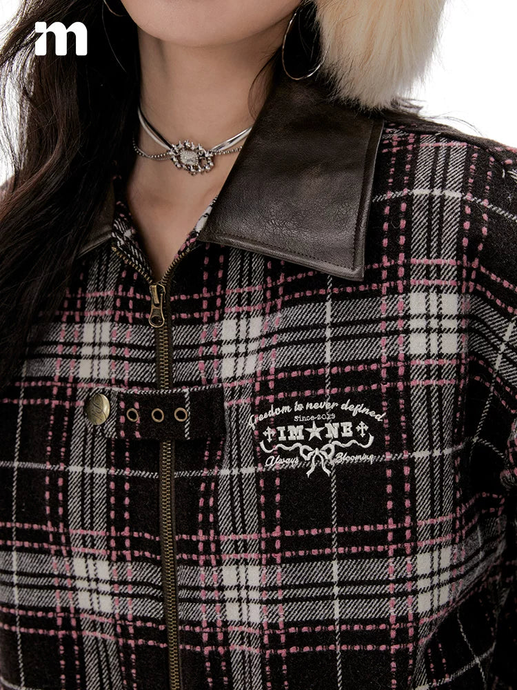 Imone Contrasting Plaid Leather Collar Loose Woolen Short Jacket