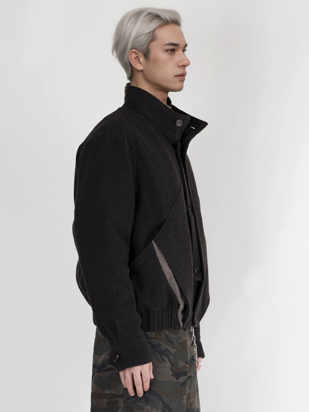 PERDU Double Placket Deconstruction Wool Splicing Stand-up Collar Color Matching Cotton Clothes