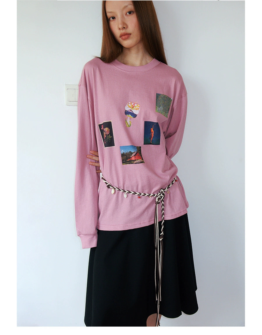 FUNKYFUN Plant Flower Collage Print Loose Long Sleeve