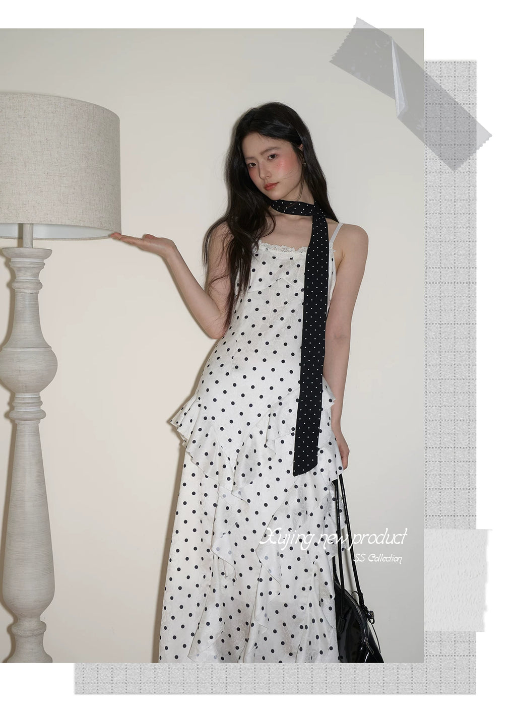 XUJING Polka Dot Ruffle Edge Waist Suspender Dress
