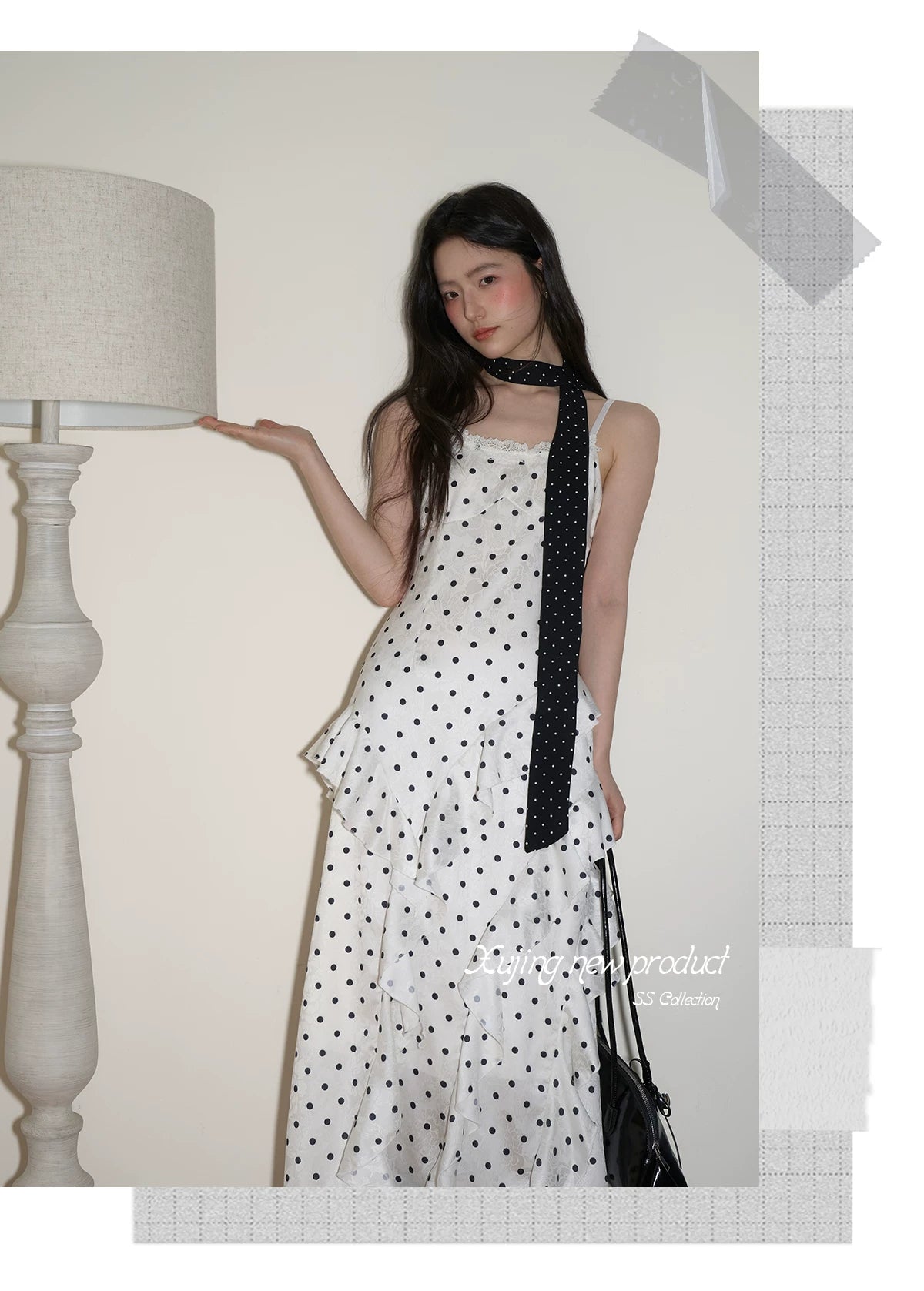 XUJING Polka Dot Ruffle Edge Waist Suspender Dress