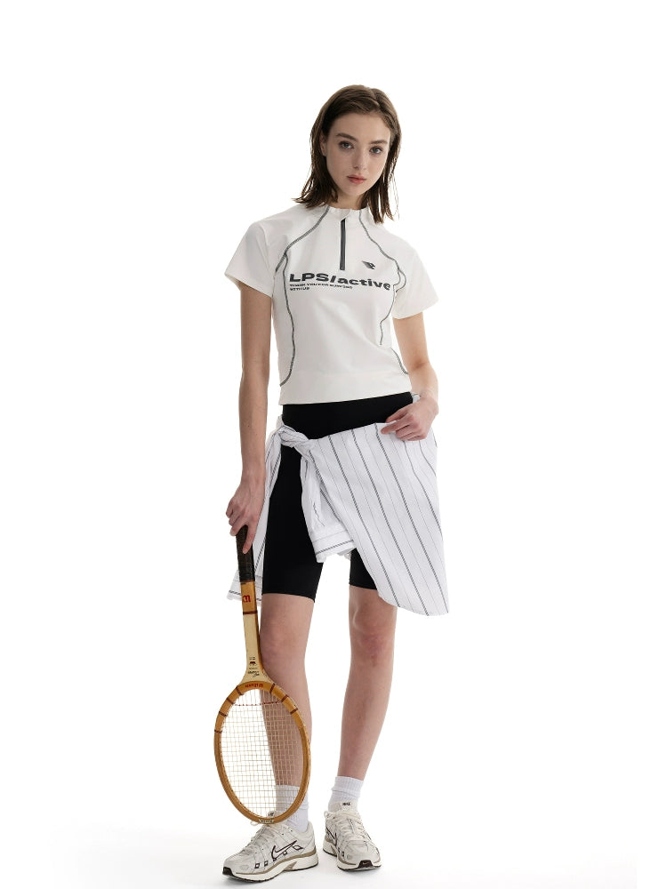 Loopsoon Contrasting Bright Line Loose Semi-turtleneck Zipper Tee