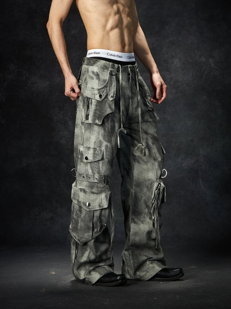 NOMANIAI Old Dirty Multi-pocket Straight Wide-leg Floor-mopping Overalls