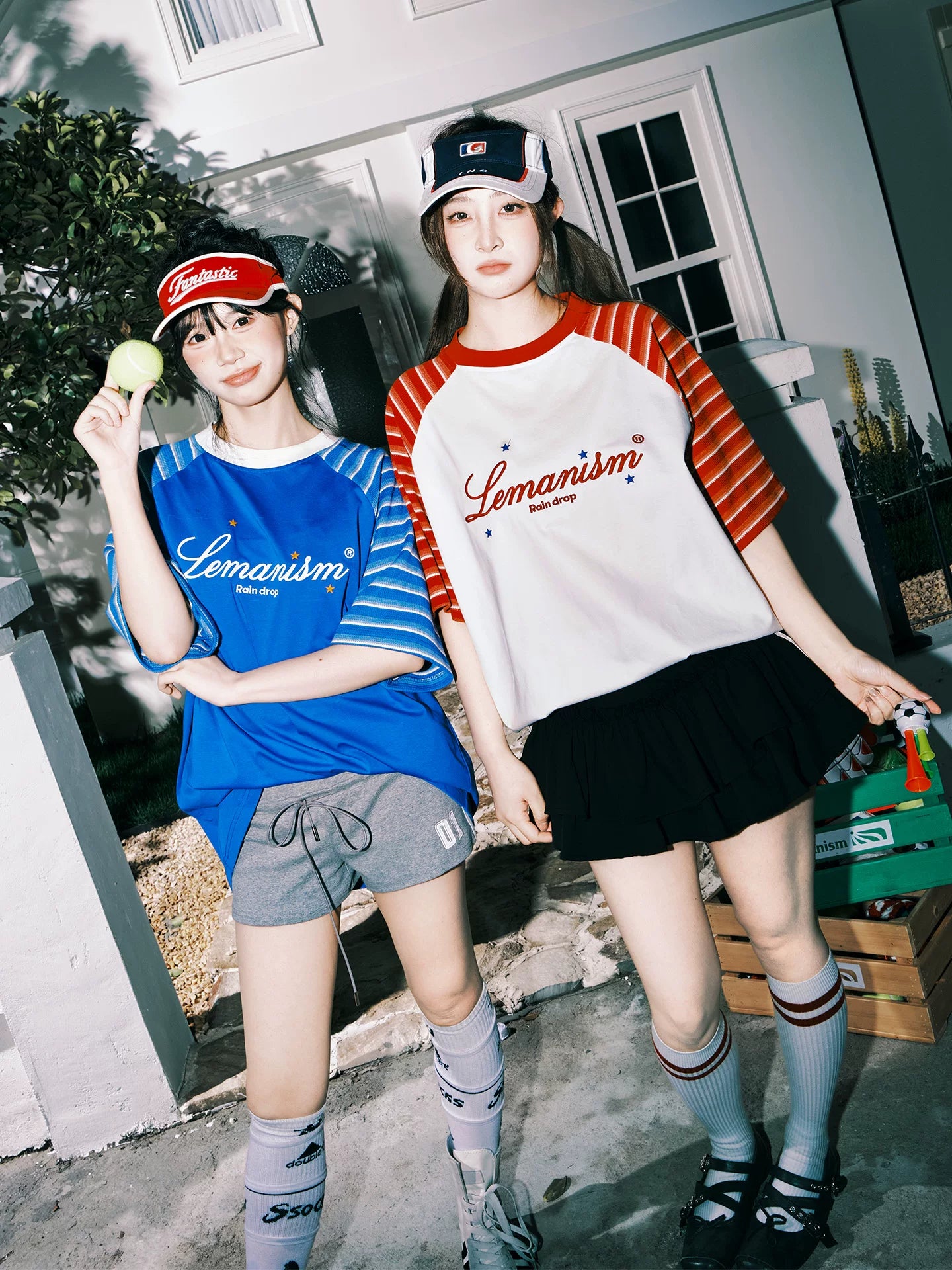 Lemanism Stripe Contrast Shoulder Letter Casual Tee