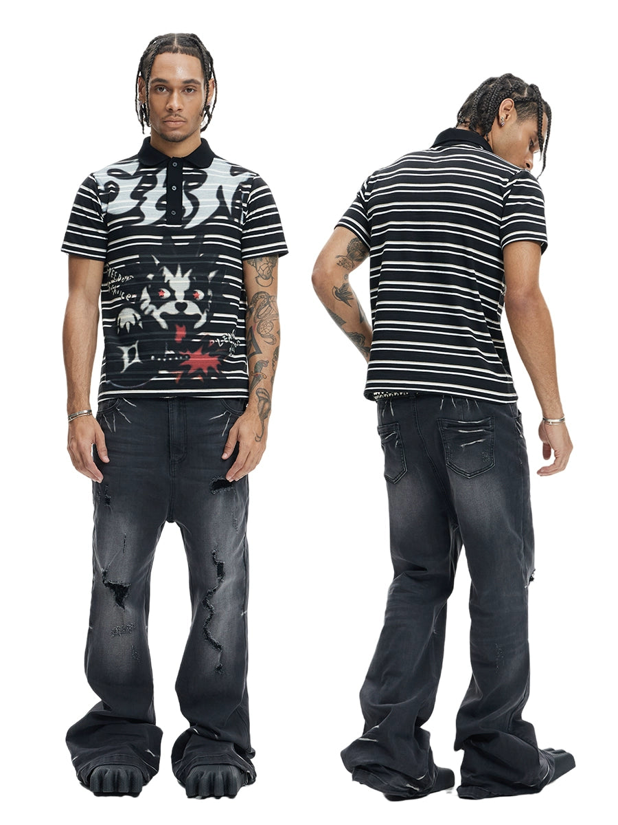 DND4DES Bad Cat Print Slim Fit Stretch Polo Shirt