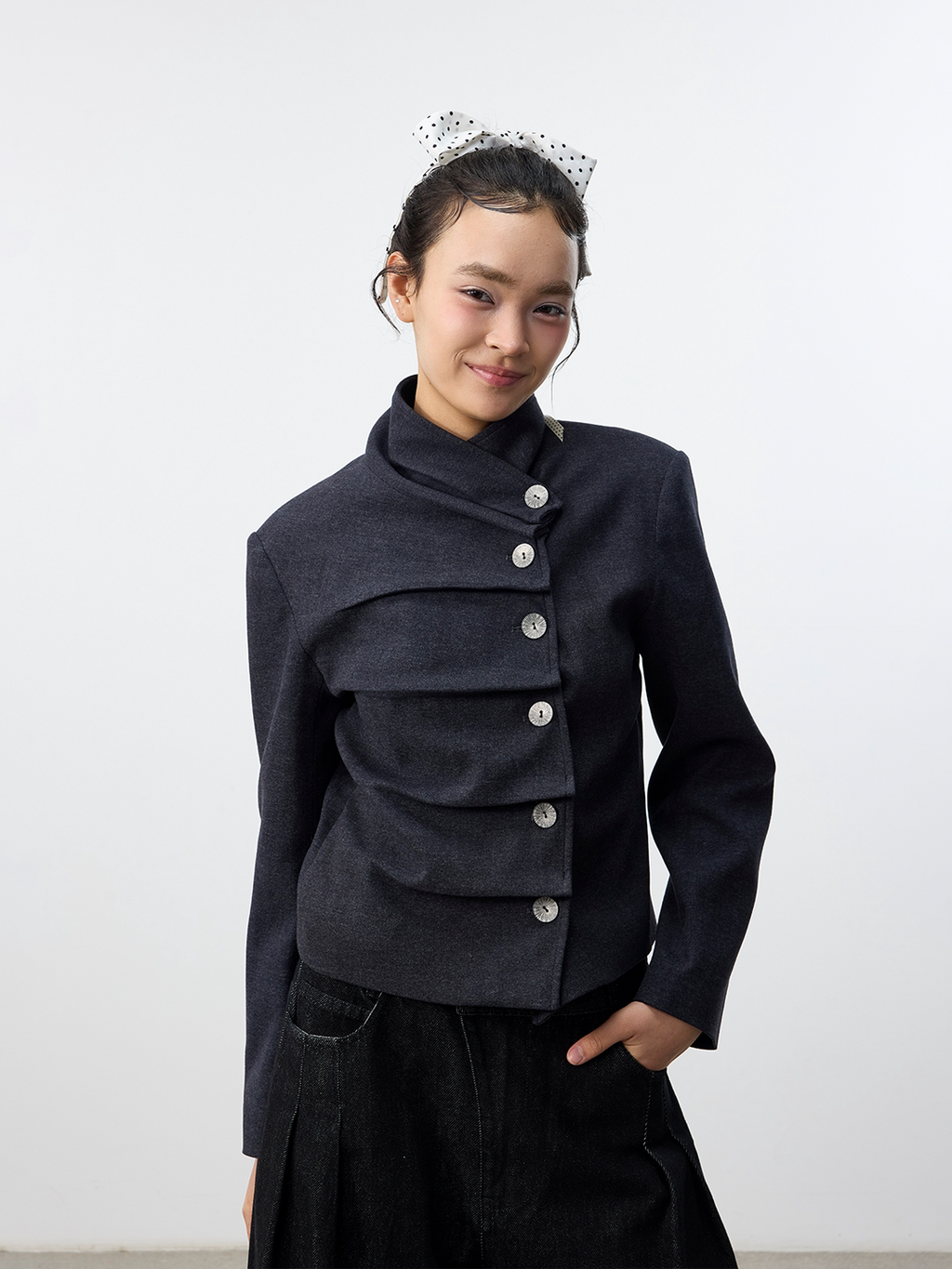 Set for Life Three-dimensional Pinch Pleated Oblique Placket Slim Short Jacket