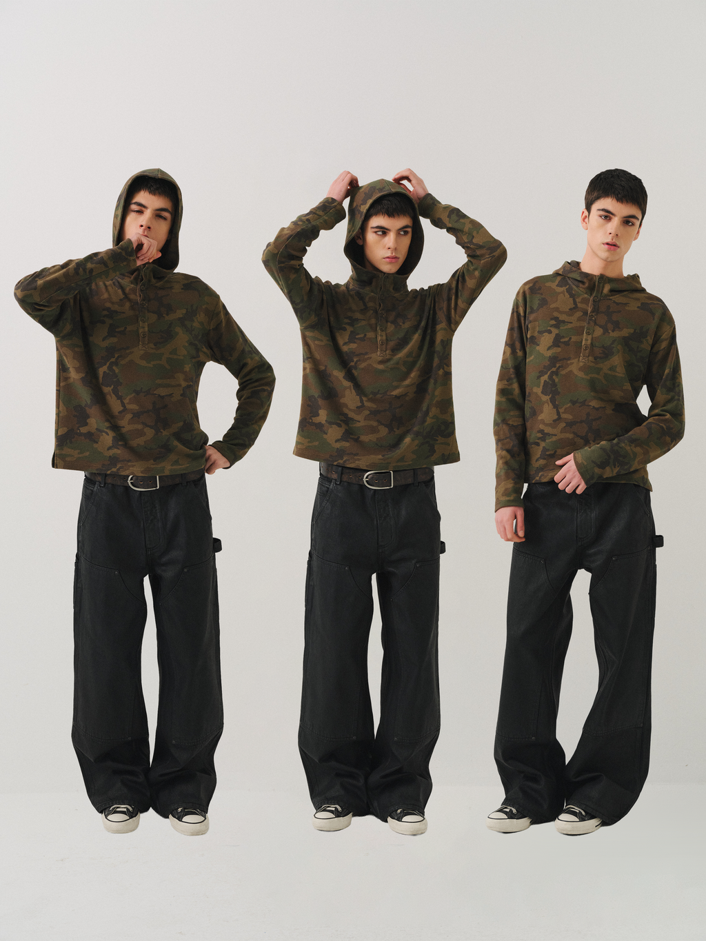 VLABMADE Waffle Green Camouflage Contrast Hooded Long Sleeve