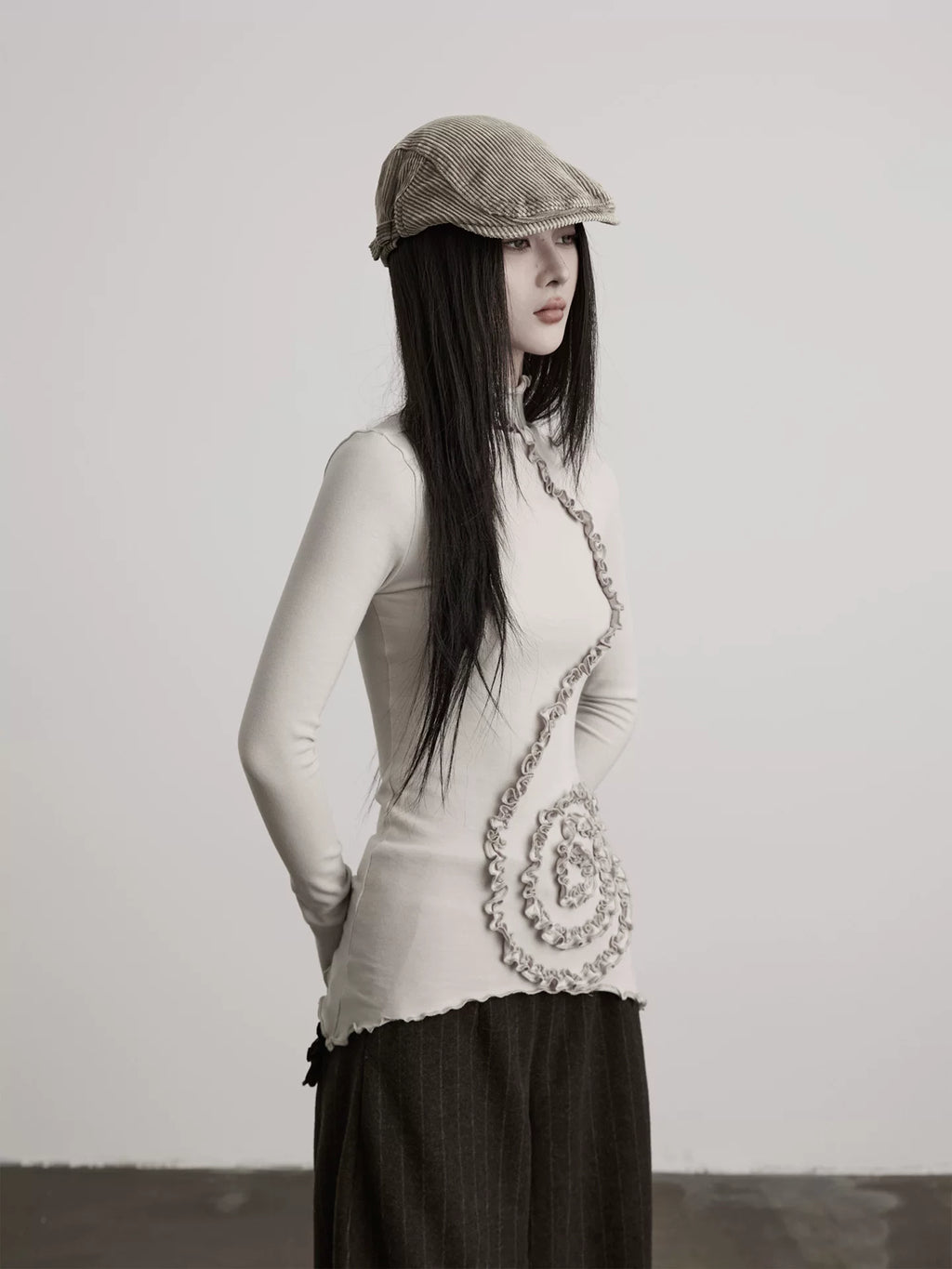 INDULGE Pleated Flared Sleeves Stand Neck Slim Long Sleeves