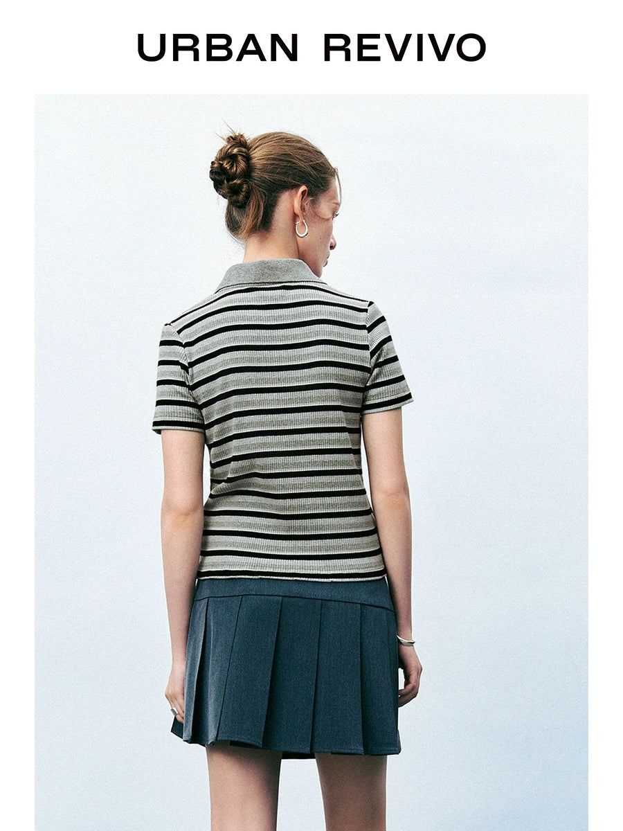 URBAN REVIVO College Color Contrasting Striped T-shirt Polo Shirt
