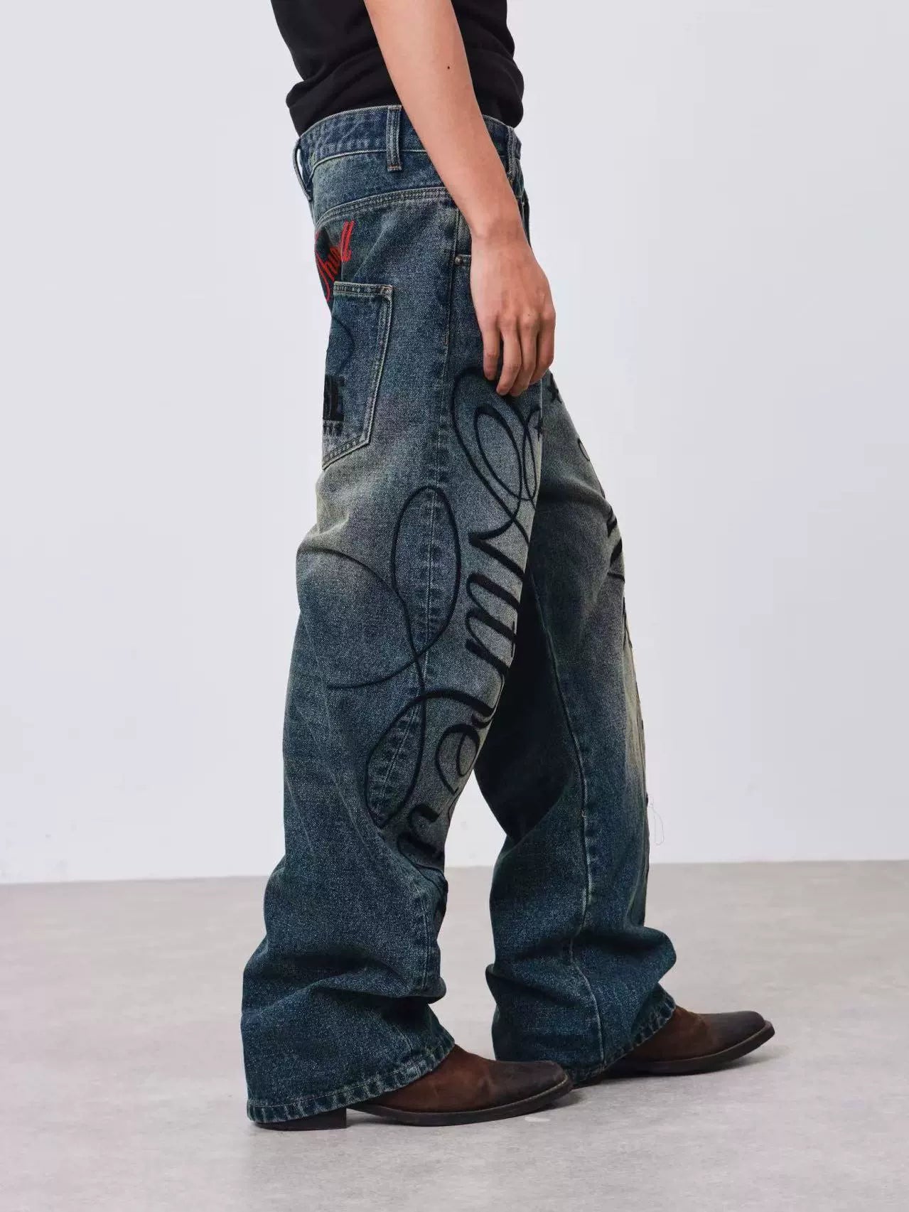 DETW Embroidered Print Vintage Loose Straight Jeans