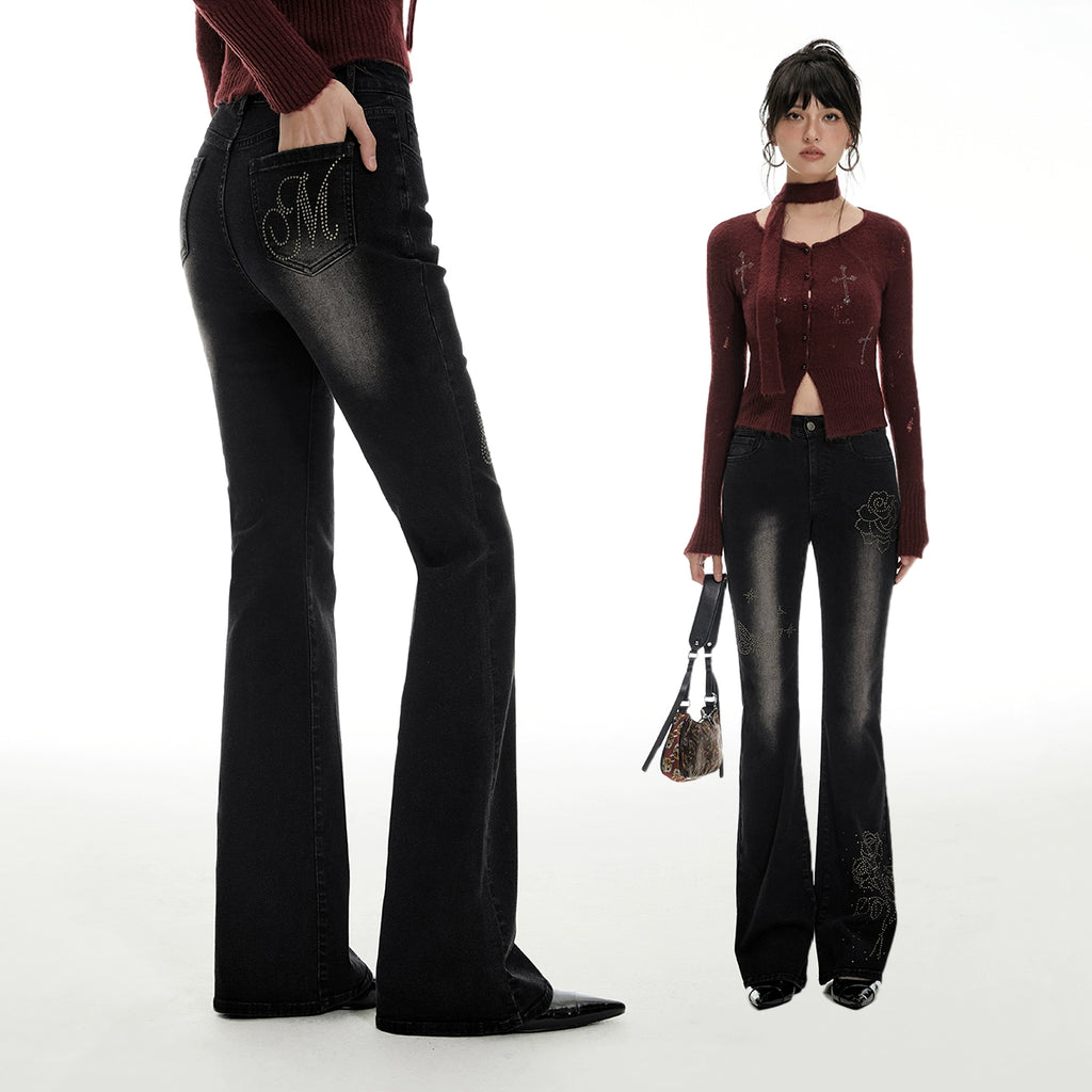 Imone Retro Old Rivets Flower High Waist Thin Slightly Pulled Jeans