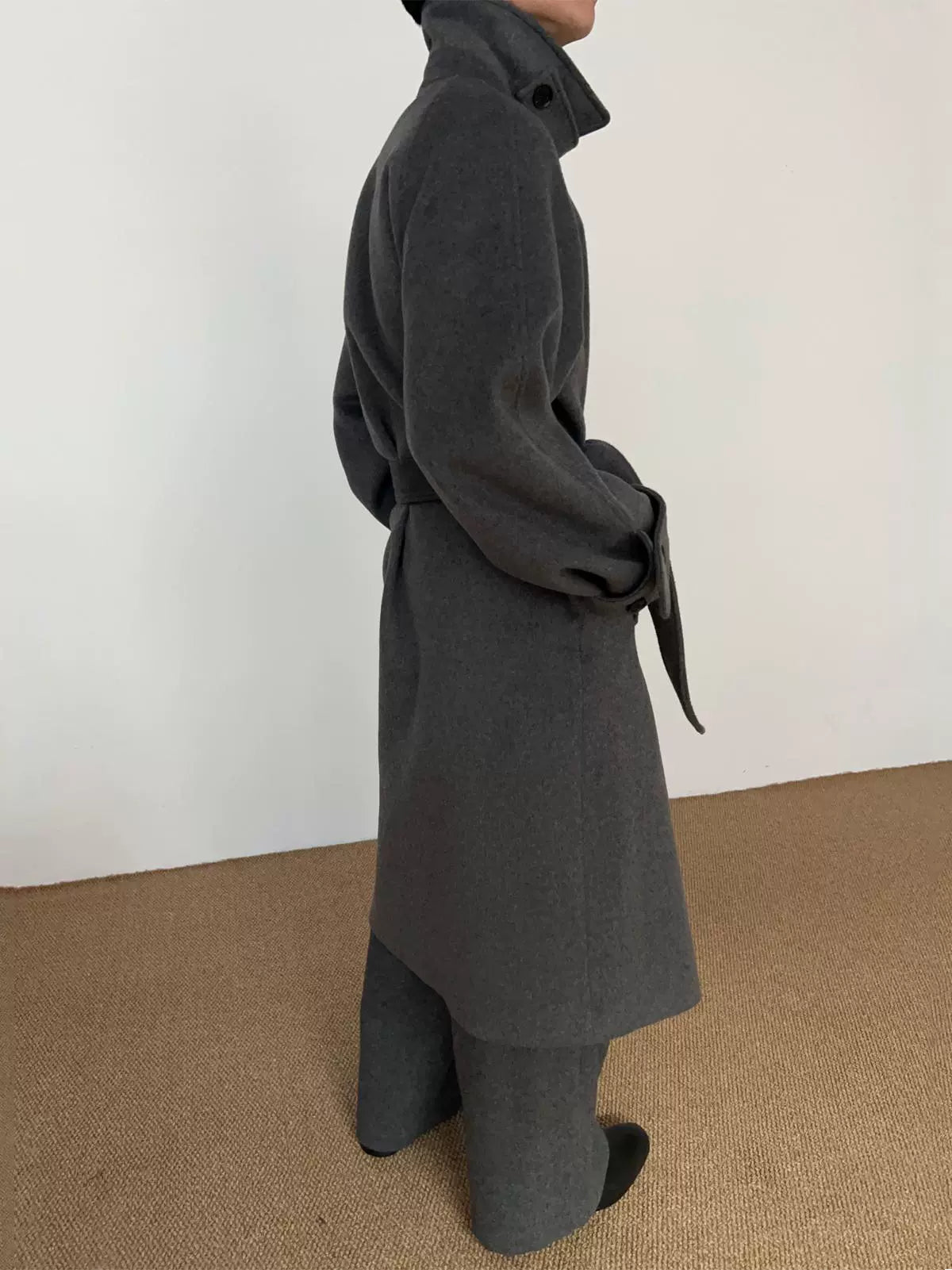 COLN Lace-up Lapel Woolen Single-breasted Coat